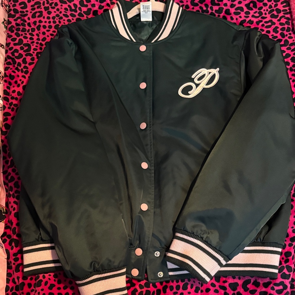 Limited edition PINK forest green varsity Jacket. Size med. No tag, Never worn
